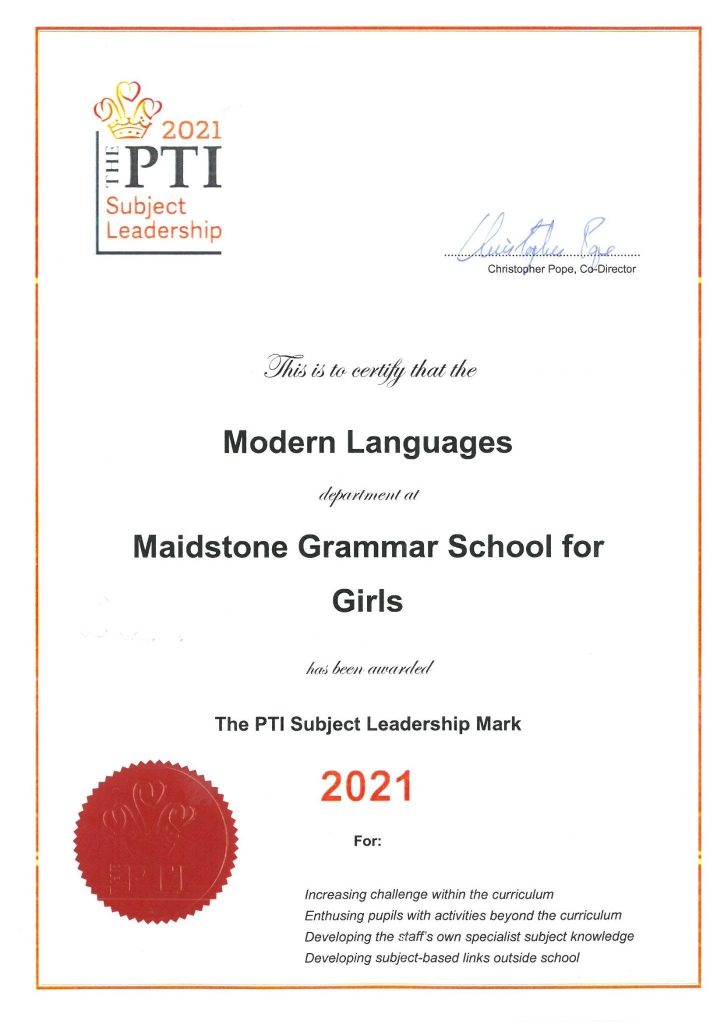 MGGS - MFL Department awarded the PTI Subject Leadership Mark 2021!