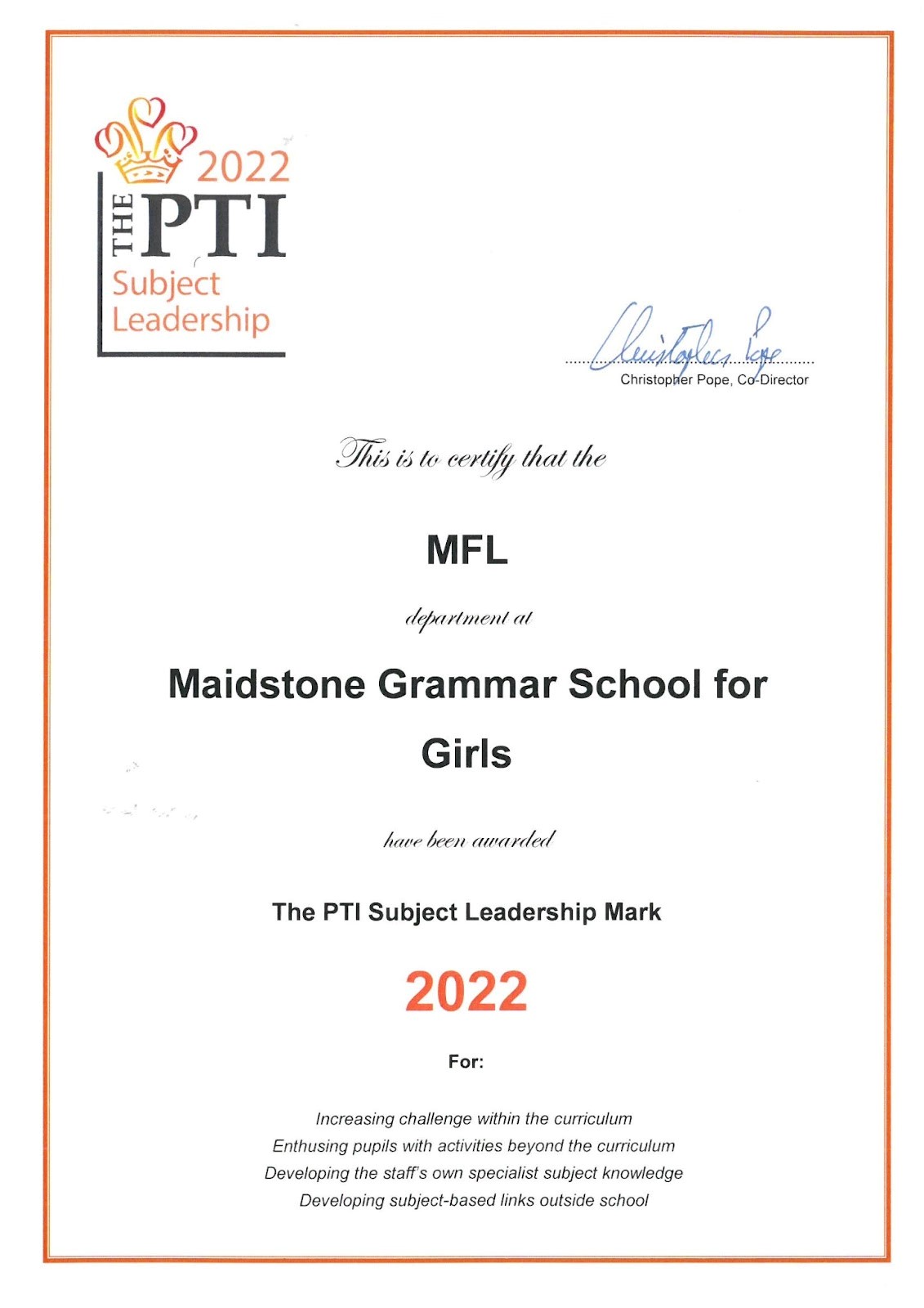 The PTI award our MFL Department their Subject Leadership Mark